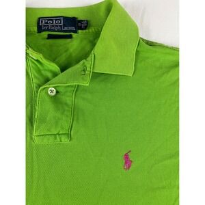 Polo Ralph Lauren Custom Fit Green Polo Shirt Pink Pony Logo Mens Size Small